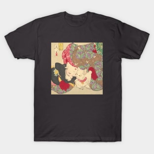 Teasing the cat. Beautiful Japanese woman with cat print T-Shirt